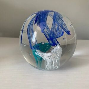 Vintage Art Glass Paperweight Controlled Bubble Blue Flower. w/Turquoise & White